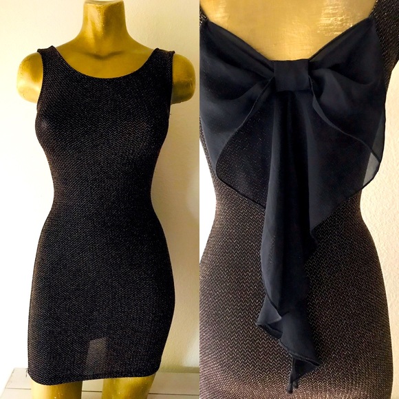 JANUARY 7 Shimmery BLACK GOLD Bodycon MINI DRESS With BOW Detail Back S - Picture 1 of 11